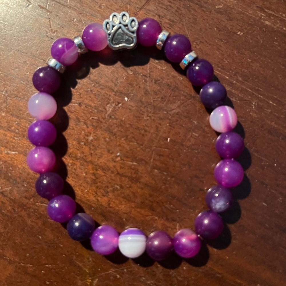 Purple Beaded Bracelet with Paw Charm